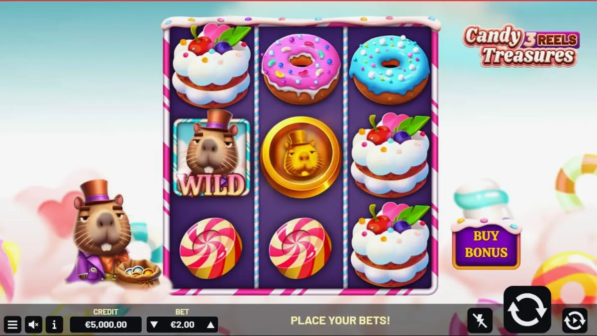 Tampilan visual mesin slot Candy Treasures 3 Reels dengan tema permen yang ceria